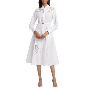 NWT Versace Long Sleeve Cotton Poplin Eyelet Cutout Midi-Dress Optic White US14